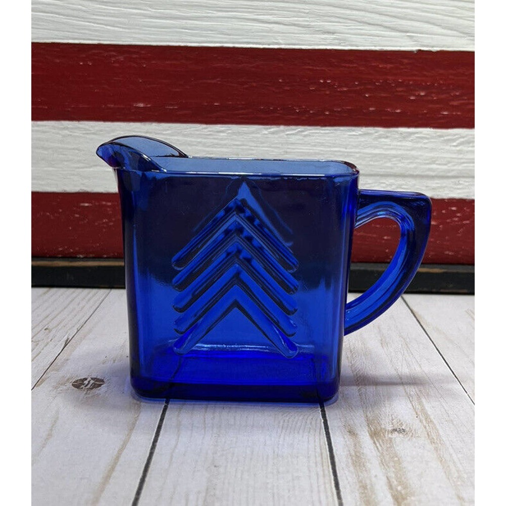 Cobalt Blue Chevron Depression Glass Pitcher Creamer Hazel Atlas Art Decor